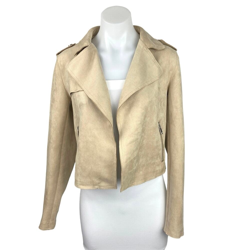 Anthropologie Beige Faux Suede Leather Open Front Zip Pockets Moto Jacket Sz S